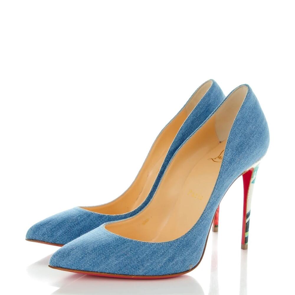 NWOT Christian Louboutin Denim Hawaiian Print Pigalle Follies Pump Blue White 37